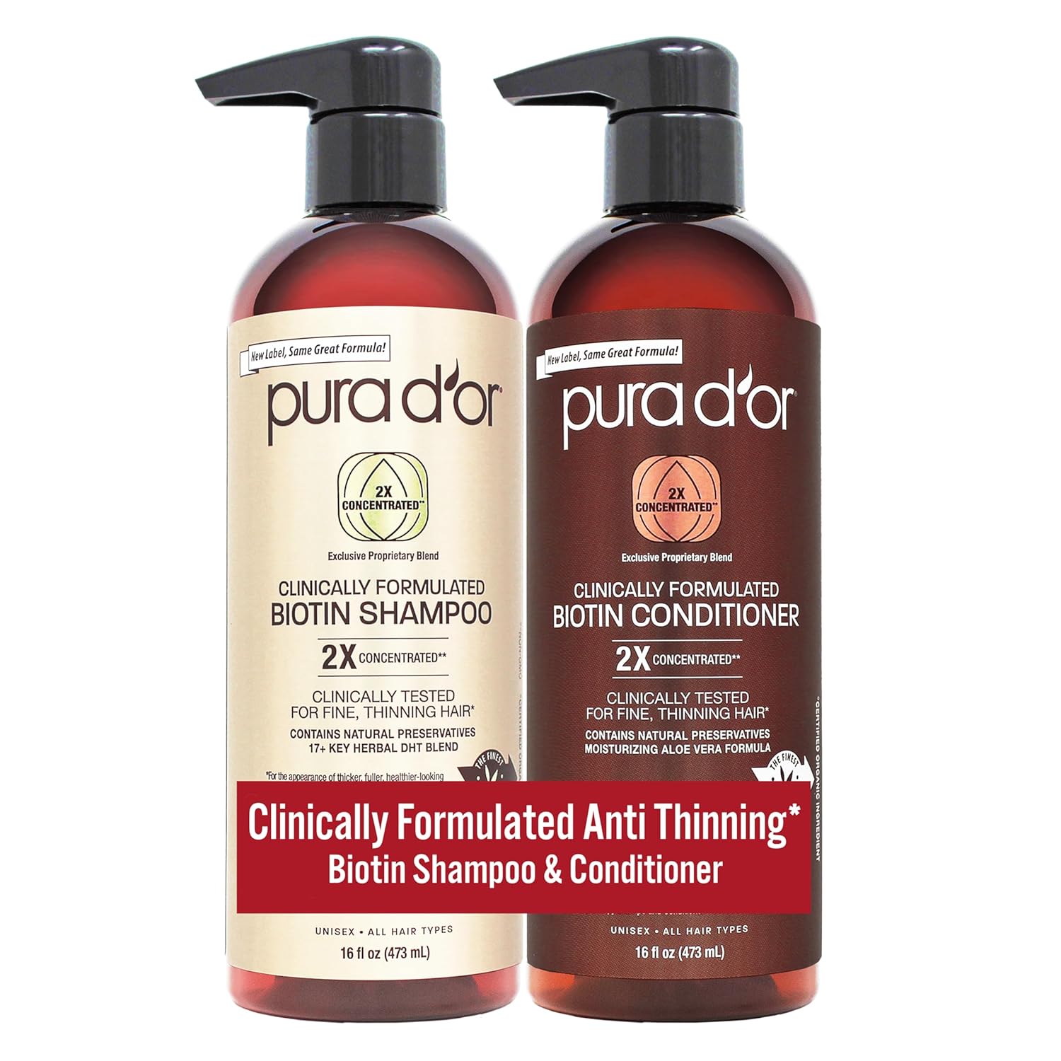 PURA D'OR Biotin Shampoo and Conditioner bottles with labels, clinical formula for hair strengthening and scalp health.
