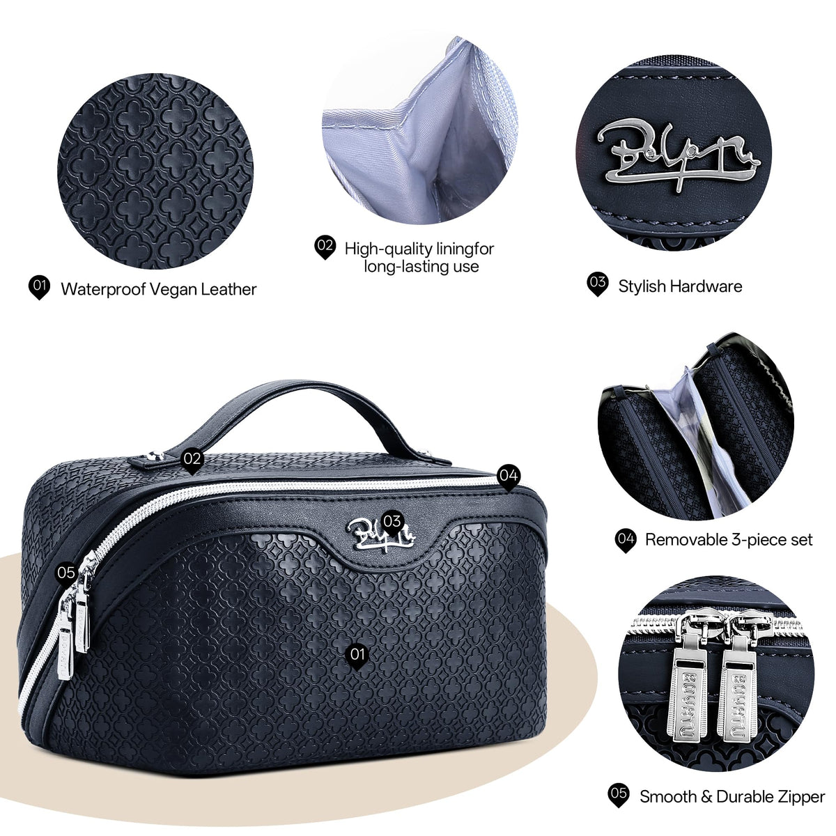BOYATU Travel Makeup Bag for Women Four Leaf Clover 3 Pcs - BOYATU Official Imagery - 4