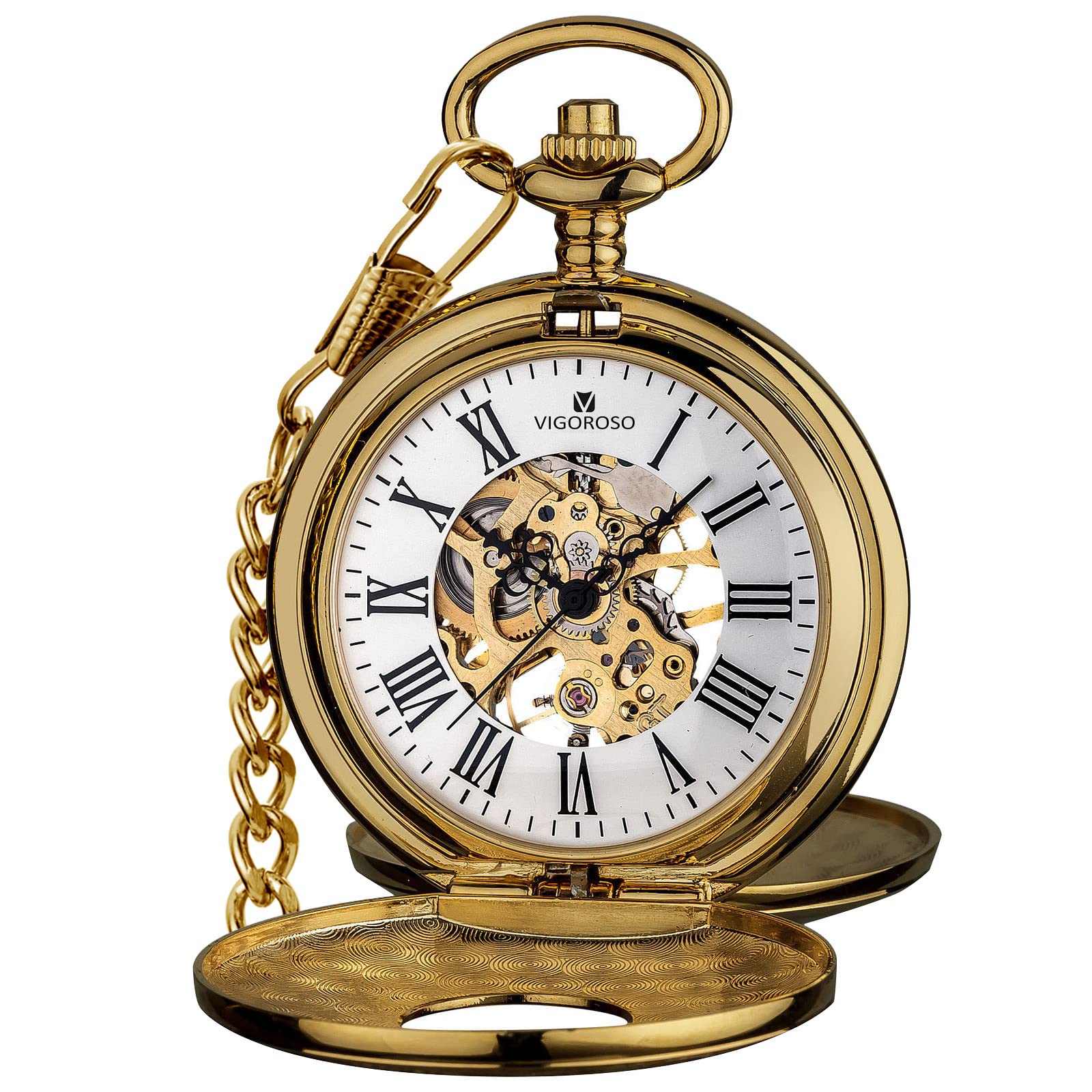 VIGOROSO Gold Mechanical Pocket Watch with Chain for Men