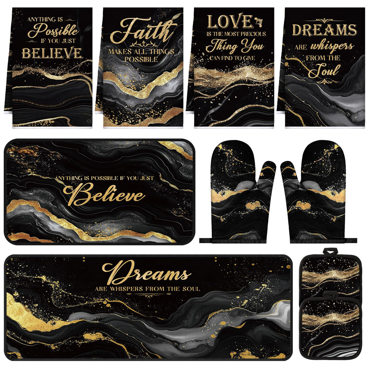 Fourluoo 10 Pcs Black and Gold Marble Kitchen Decor Set - Fourluoo Official Imagery - 1