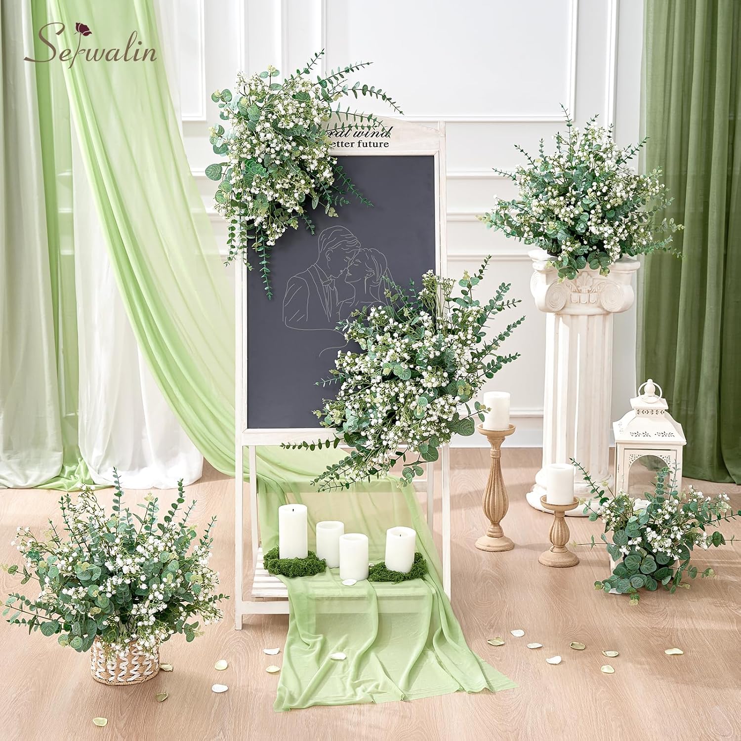 Set of 100 mixed artificial eucalyptus stems and baby's breath flowers by Serwalin, realistic faux floral arrangement for decor.