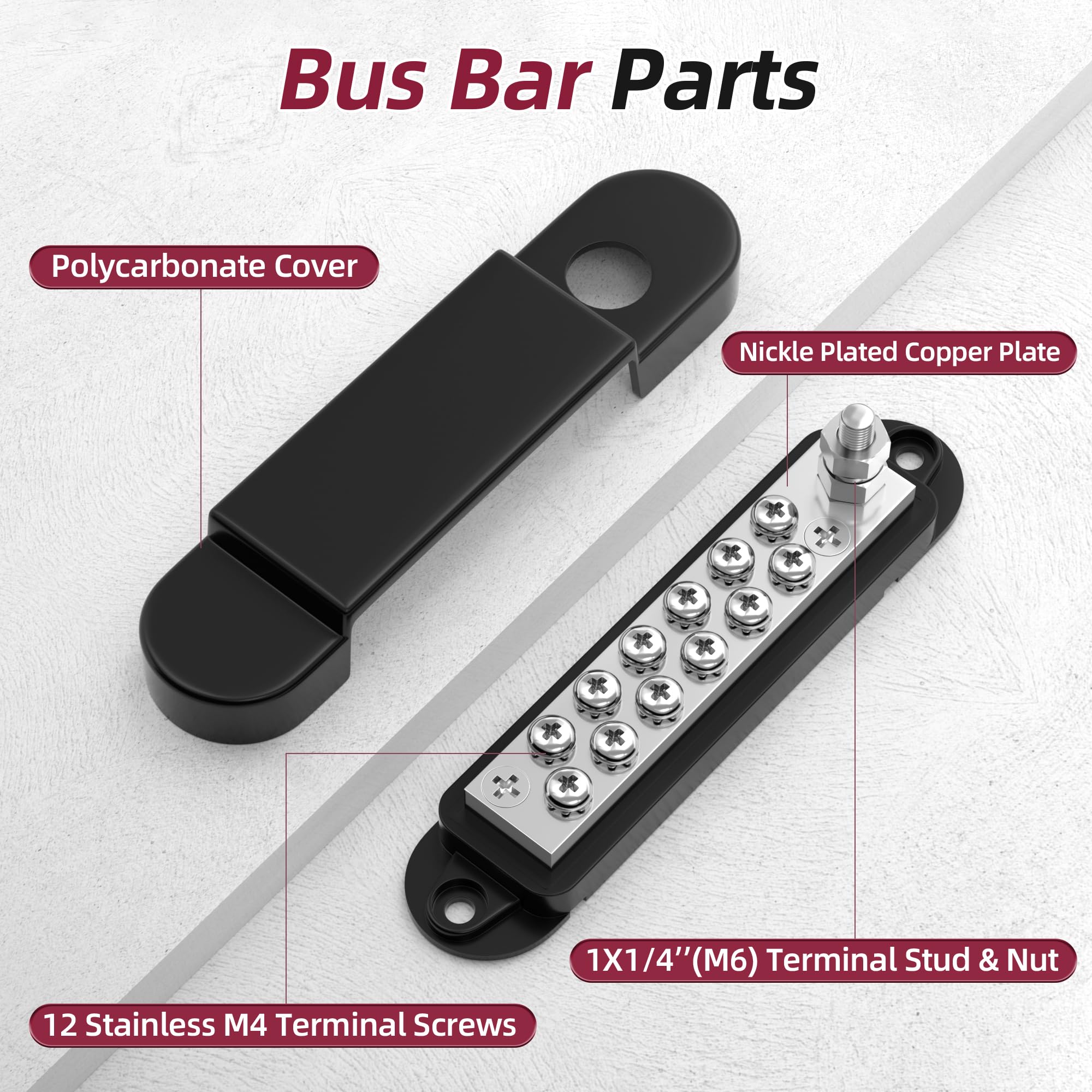 RVBOATPAT 12V 150A marine terminal block with 1/4-inch studs for power distribution, boat, auto, and solar wiring applications.