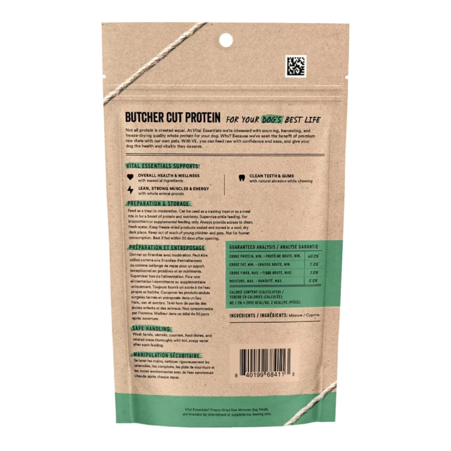 Vital Essentials freeze-dried minnows dog treats showing small, natural fish treats with a crispy texture in a clear bag.