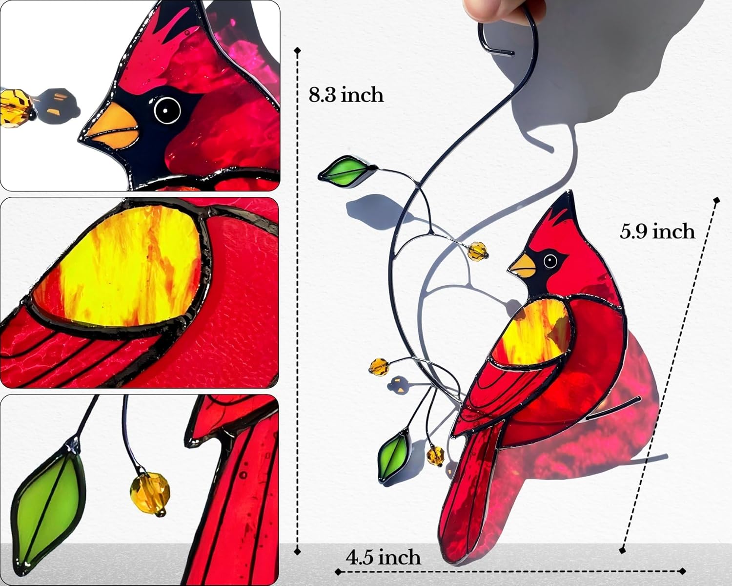 Handmade Cardinal stained glass sun catcher window hanging with vibrant red bird design by IriCrist, ideal for memorial gifts.