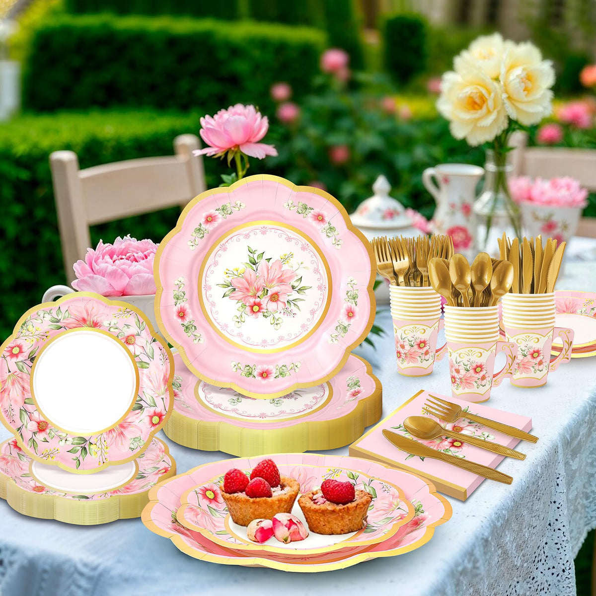168PCS Flower Tea Party Supplies Pink Vintage Floral Party - Fighting to Achieve Official Imagery - 8