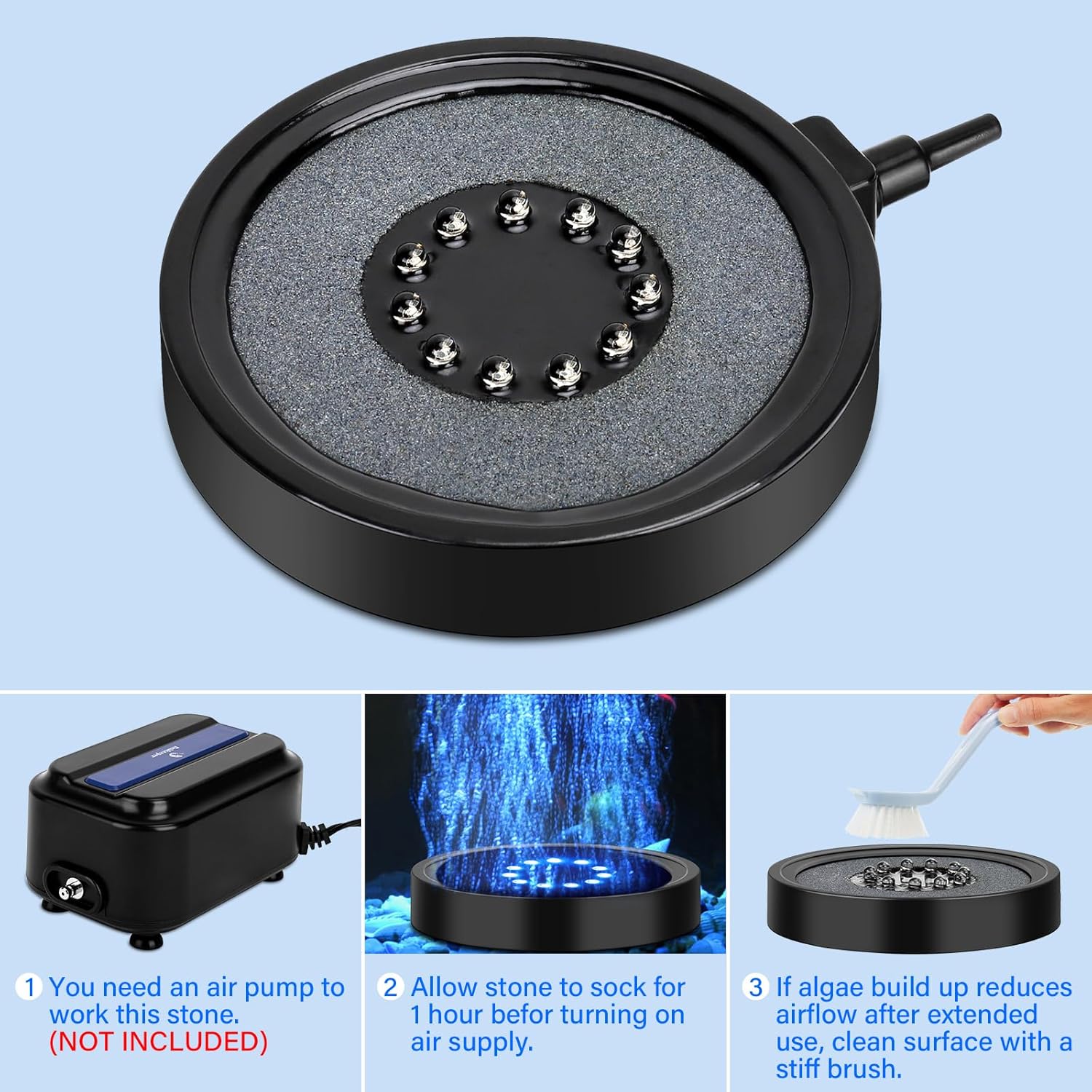 Fishkeeper Aquarium Air Bubble Light with LED, showing a bubbling fish tank disk stone creating colorful underwater air bubbles.