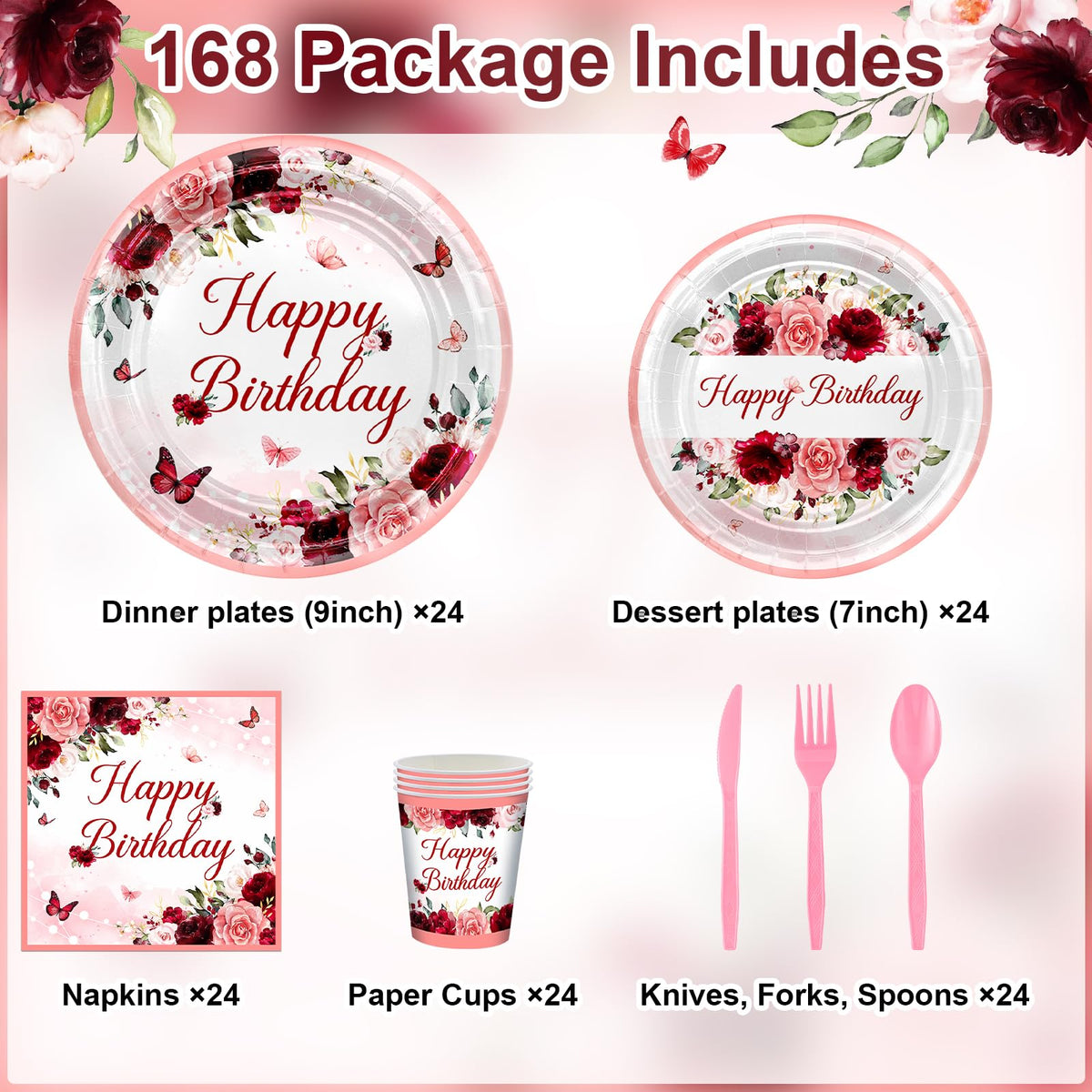 168 PCS Burgundy Birthday Party Decorations Rose Gold Floral - Avezano Official Imagery - 4