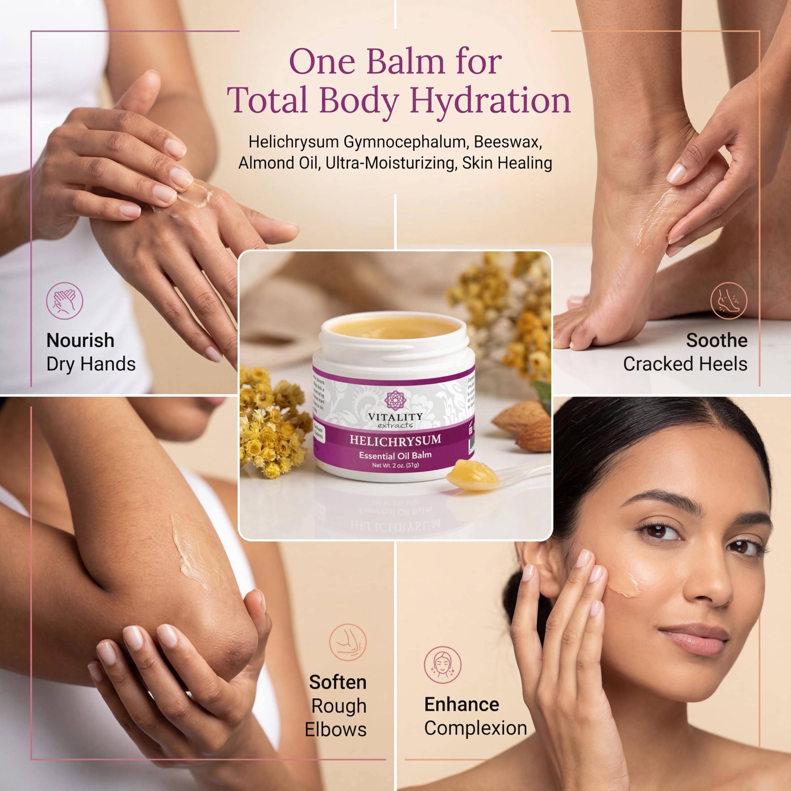 Vitality Helichrysum Balm skin moisturizer in 2oz jar, soothing and healing body balm for skin relief.