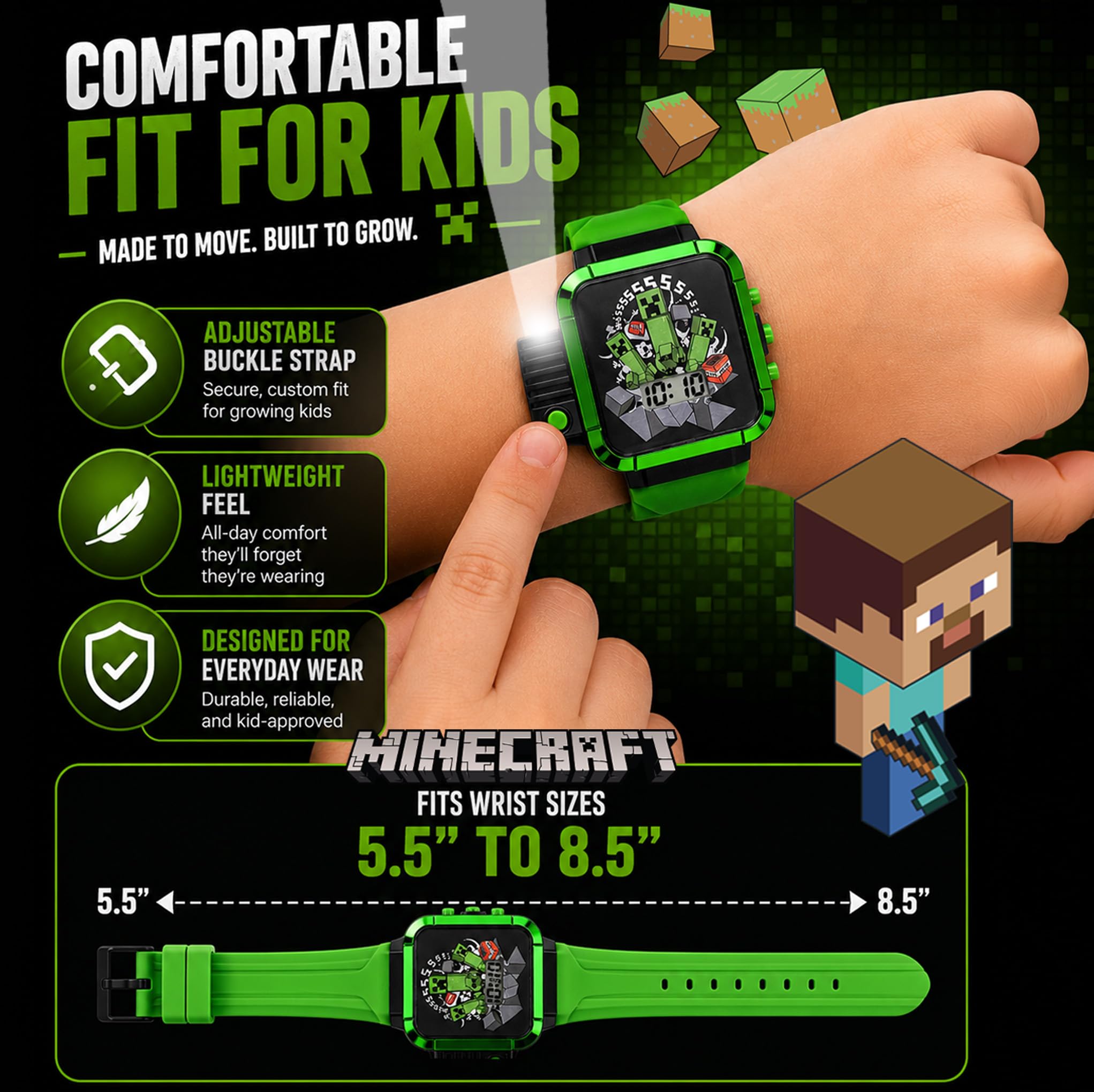 Accutime Minecraft Kids LCD Flashlight Watch with Creeper Graphic – Di - View 5