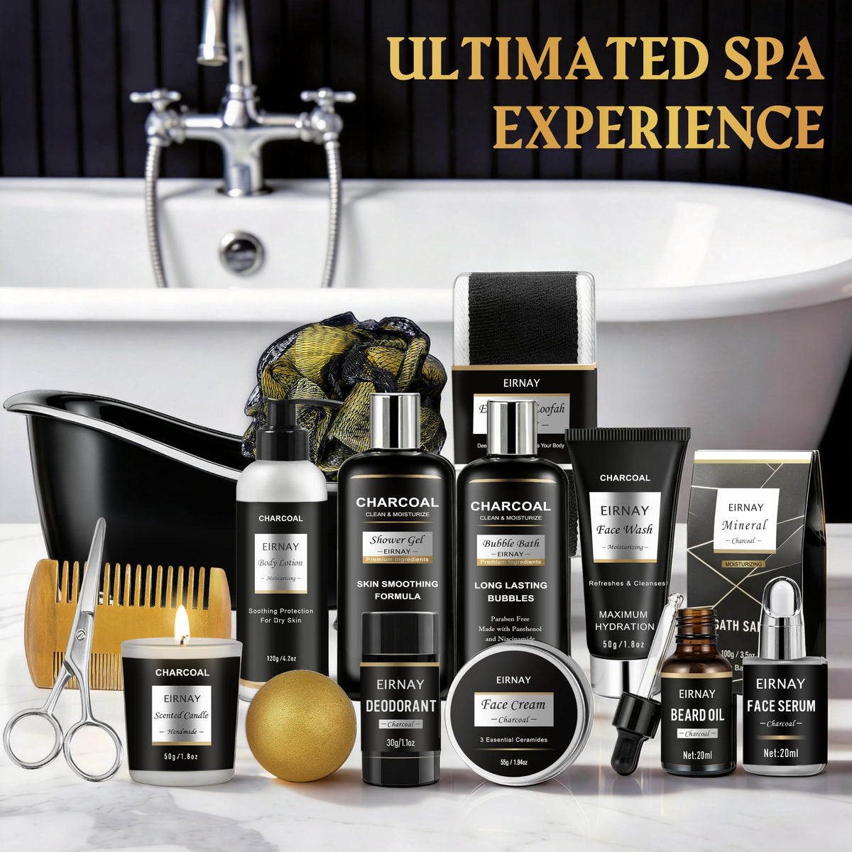 Spa Gifts for Men Charcoal Bath and Beard Grooming Kit - EIRNAY Official Imagery - 8