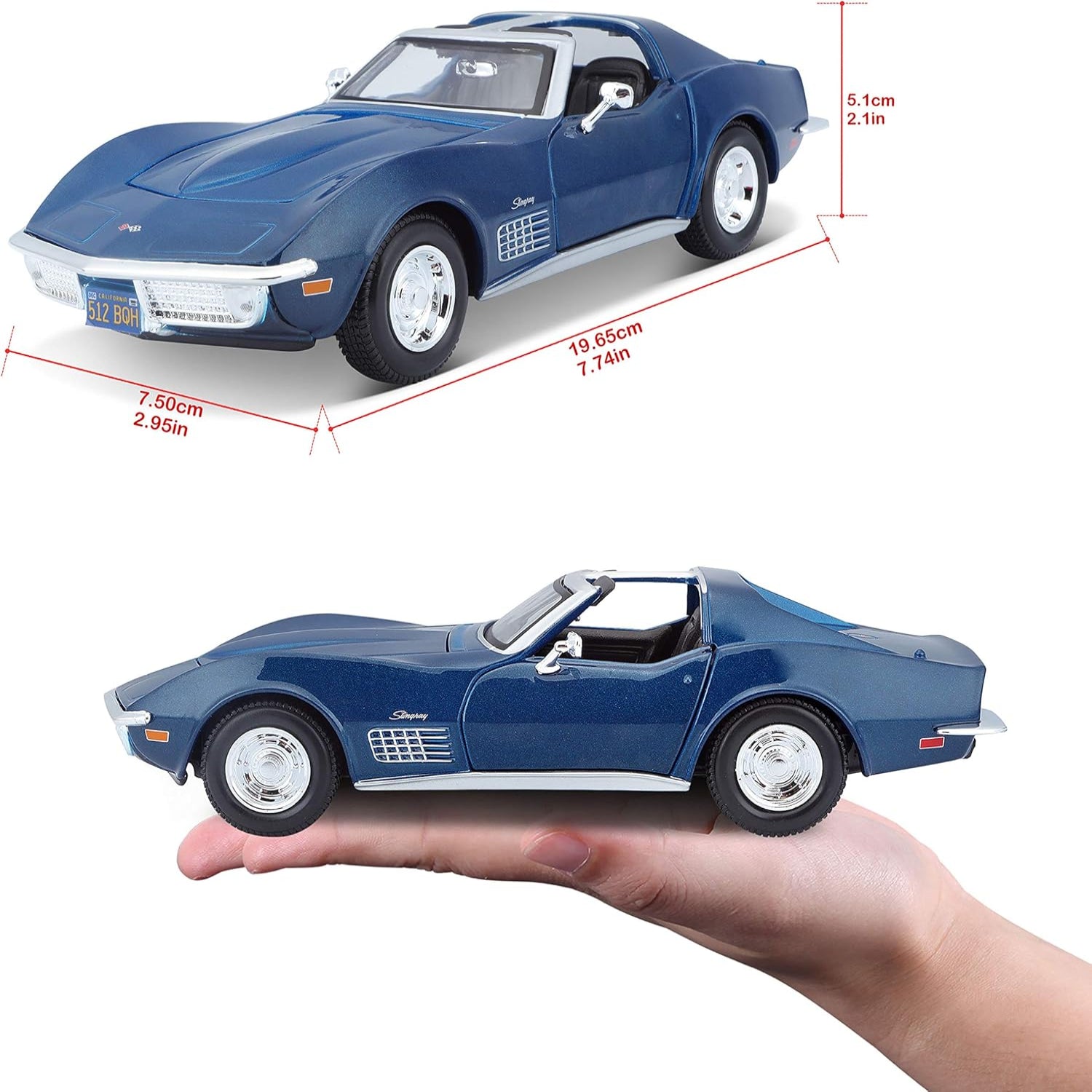 Maisto 1:24 scale blue 1970 Chevrolet Corvette diecast model car with detailed features and shiny finish.