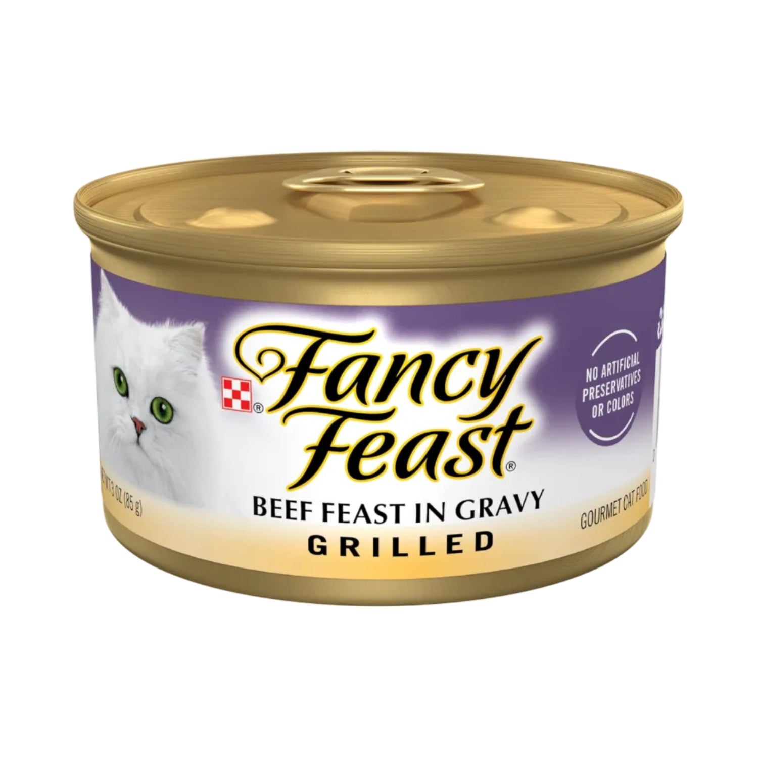 Cans of Fancy Feast Grilled Wet Cat Food Beef Feast in gravy, 3 oz., packed in a set of 24, ready for cats to enjoy.
