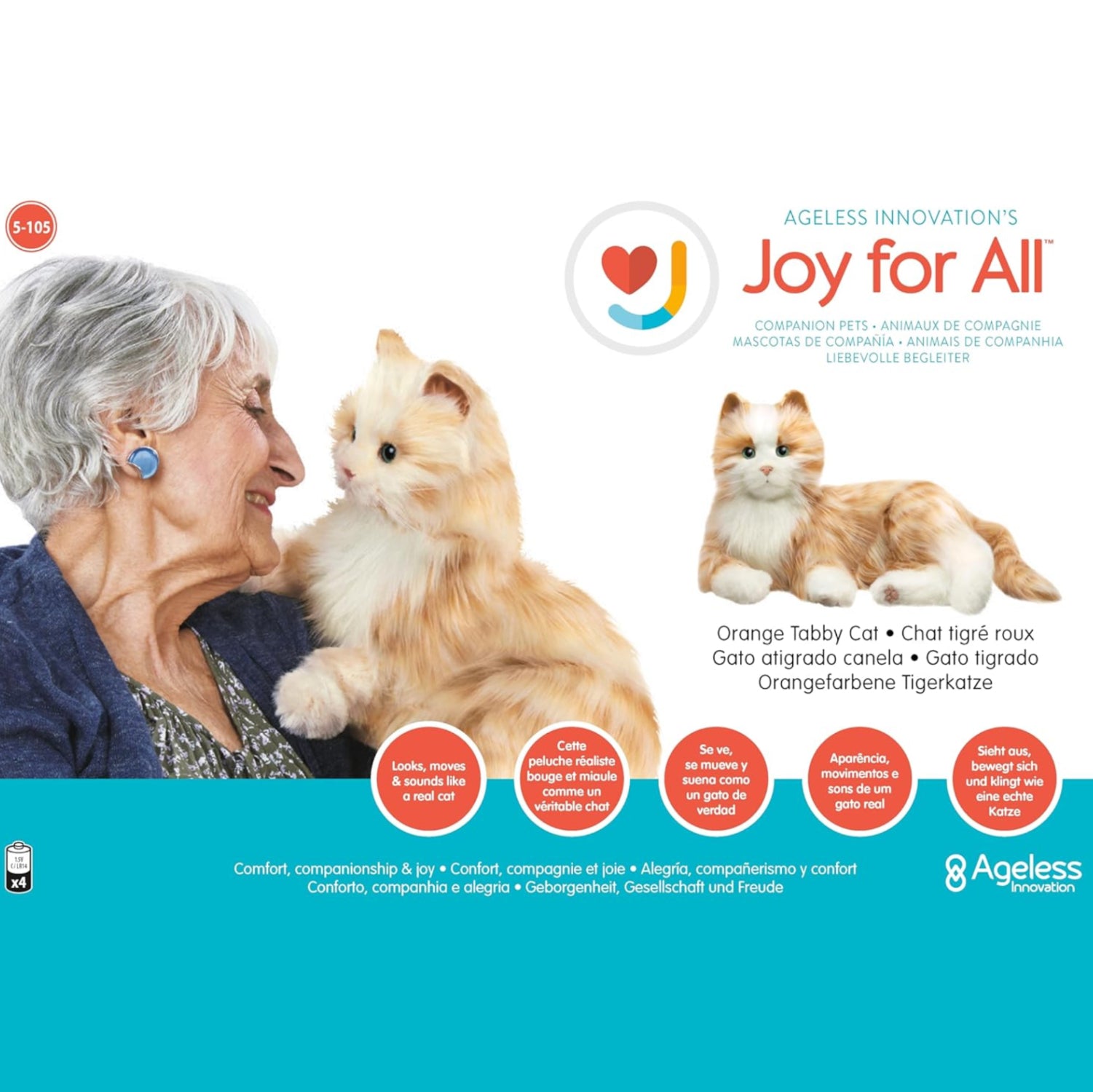 Lifelike JOY FOR ALL Companion Pet cat for seniors, realistic animatronic feline with detailed fur and expressive eyes.