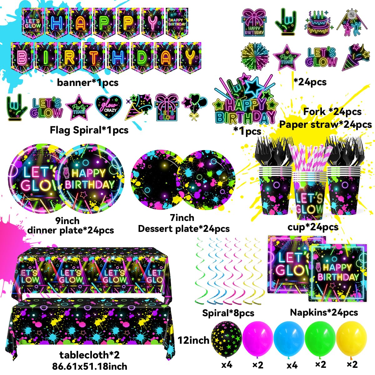 Neon Party Supplies Serves 24 Glow in The Dark Themed - HAKOTI Official Imagery - 7