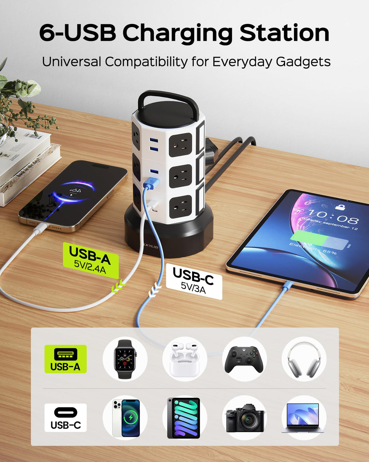 JACKYLED Power Strip Tower Surge Protector 12 AC 6 USB 1050J - JACKYLED Official Imagery - 6