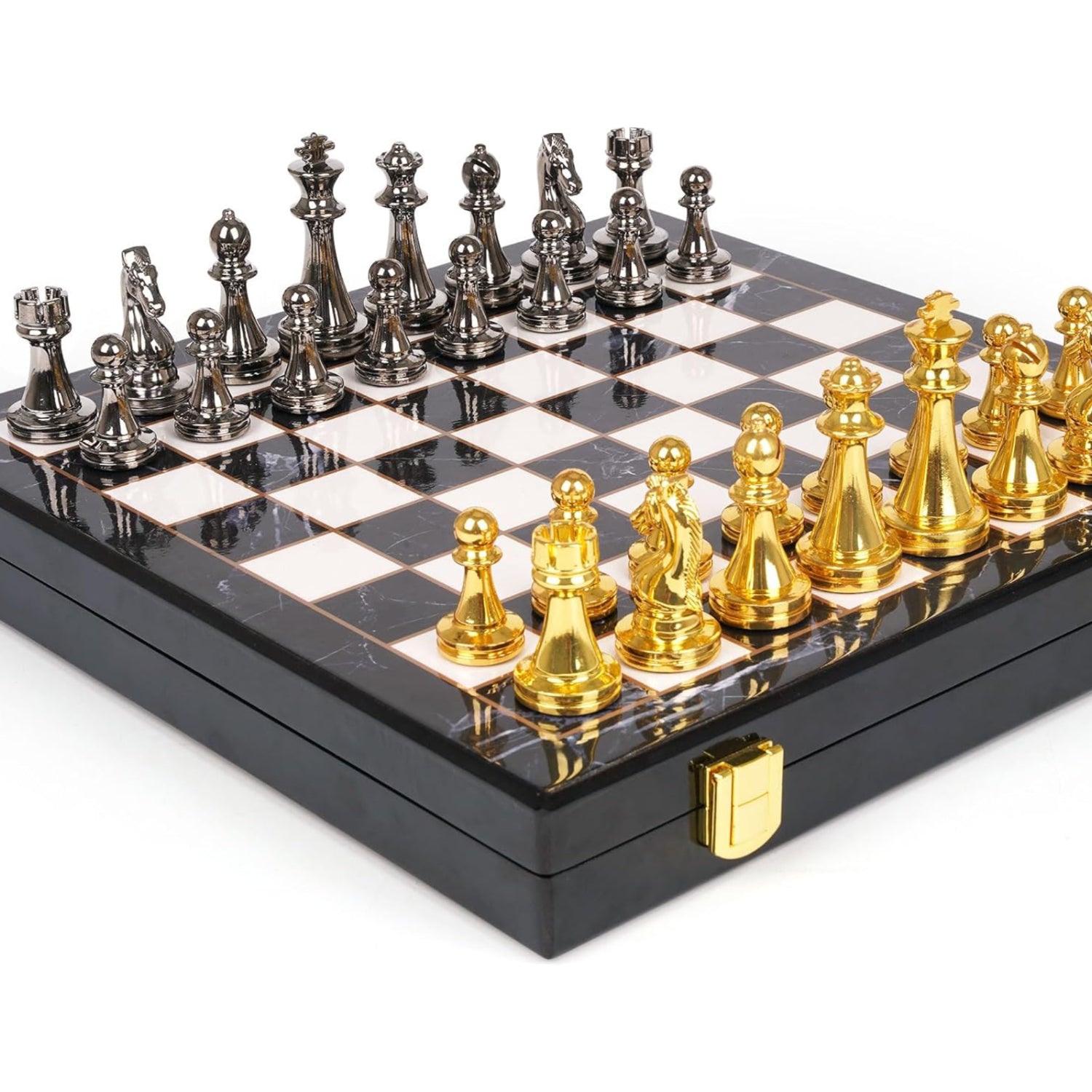 Marbling metal chess set with black and white chess pieces on a decorative chess board for adults by Agirlgle