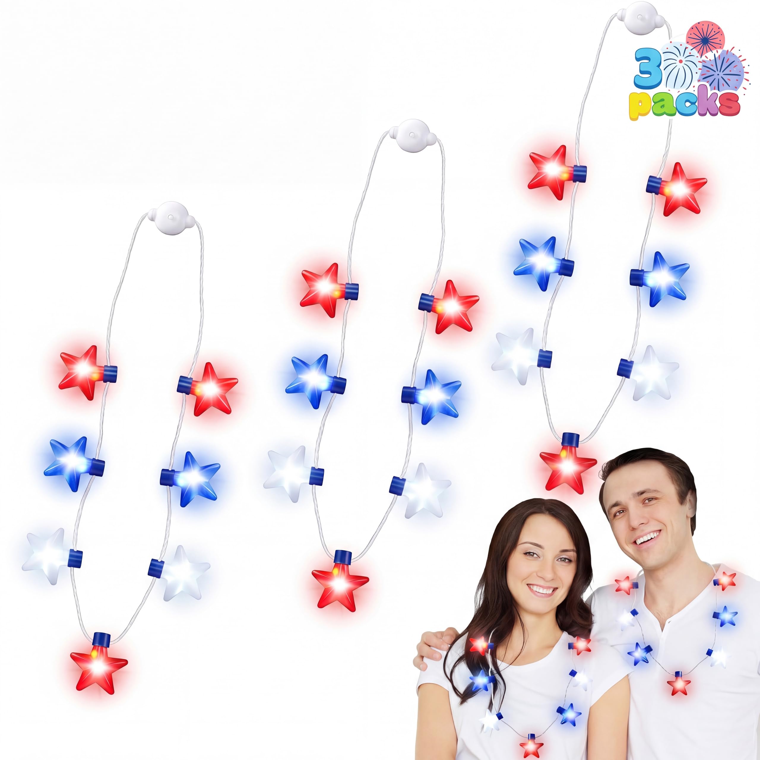 JOYIN 3 PCS 4th of July LED Necklaces, Patriotic Light up - Product Imagery