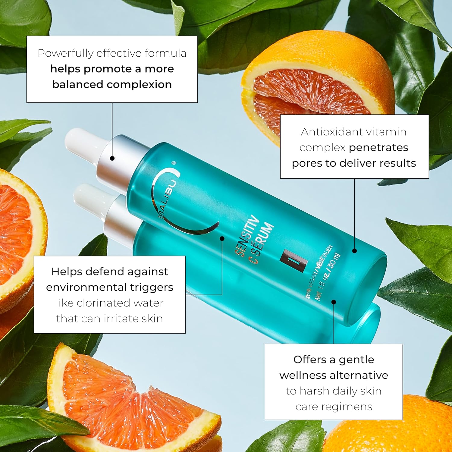 Malibu C Sensitiv C Face Serum with Vitamin C for combination and sensitive skin, featuring a clear glass bottle and dropper applicator.