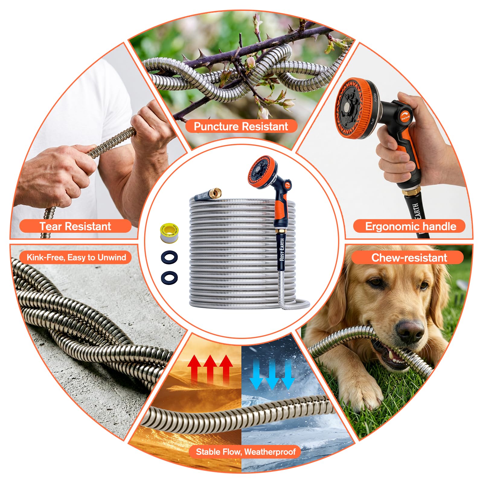 Rosy Earth 100ft Stainless Steel Garden Hose, Heavy Duty Metal Wa - Rosy Earth Official Product View 6