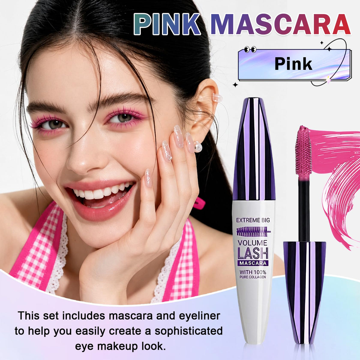 Pink waterproof Rosawee 5D mascara with volume and length for bold, defined eyelashes.
