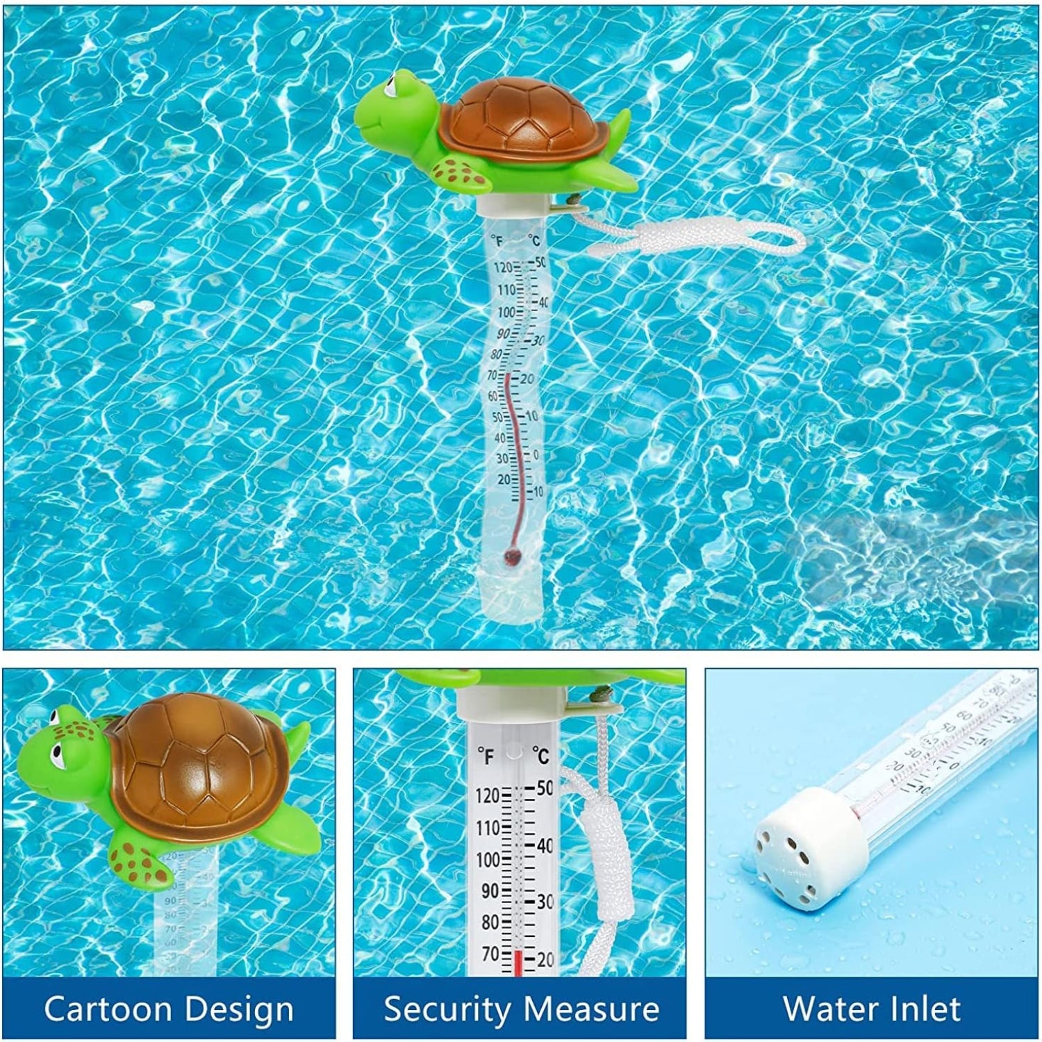 Unipool floating pool thermometer with large display, easy-to-read temperature, and shatter-resistant design for outdoor pools