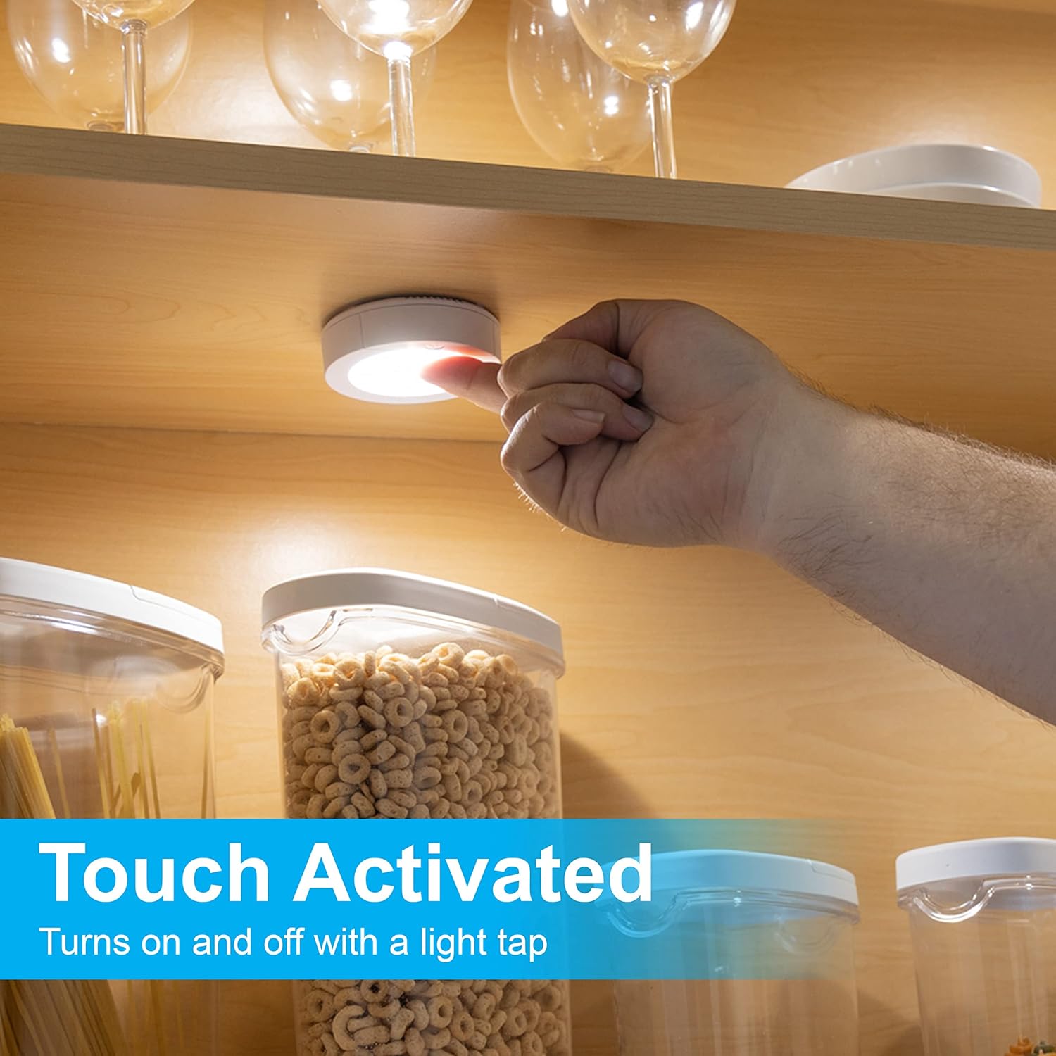 GE wireless LED tap lights, battery-operated touch-activated puck lights, 20 lumens, 2-pack for easy under-cabinet or closet lighting.