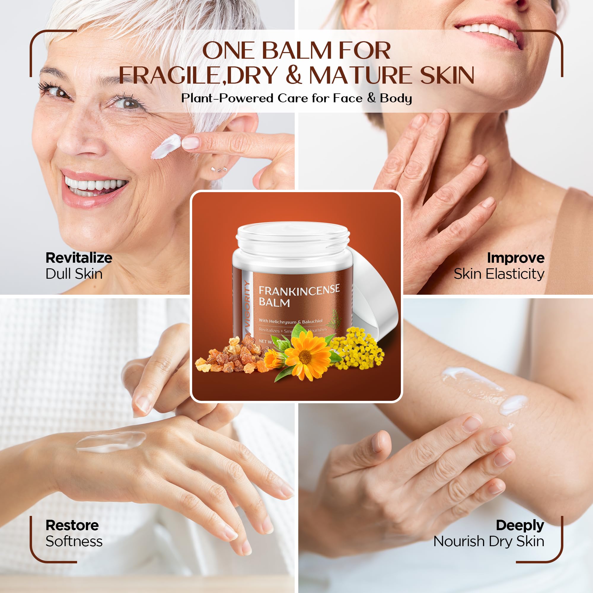 Vigority Frankincense Balm for mature skin, 3.4 oz, a moisturizing skin care product in a white jar with a green label.
