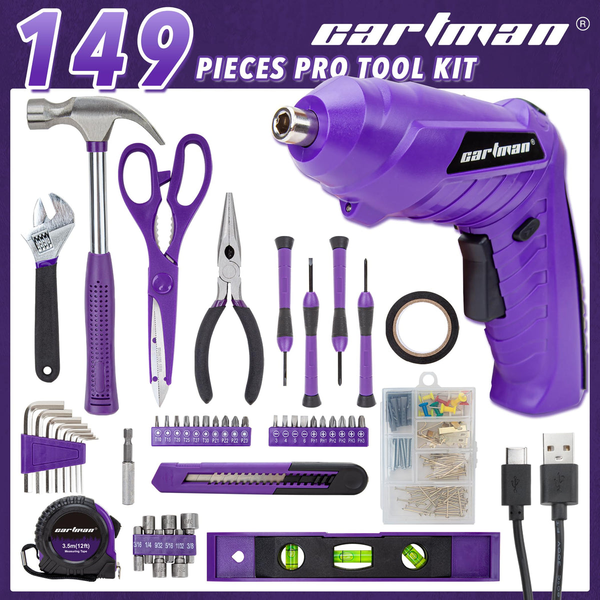 CARTMAN 149PCS Tool Set Purple Cordless Screwdriver Home - CARTMAN Official Imagery - 5