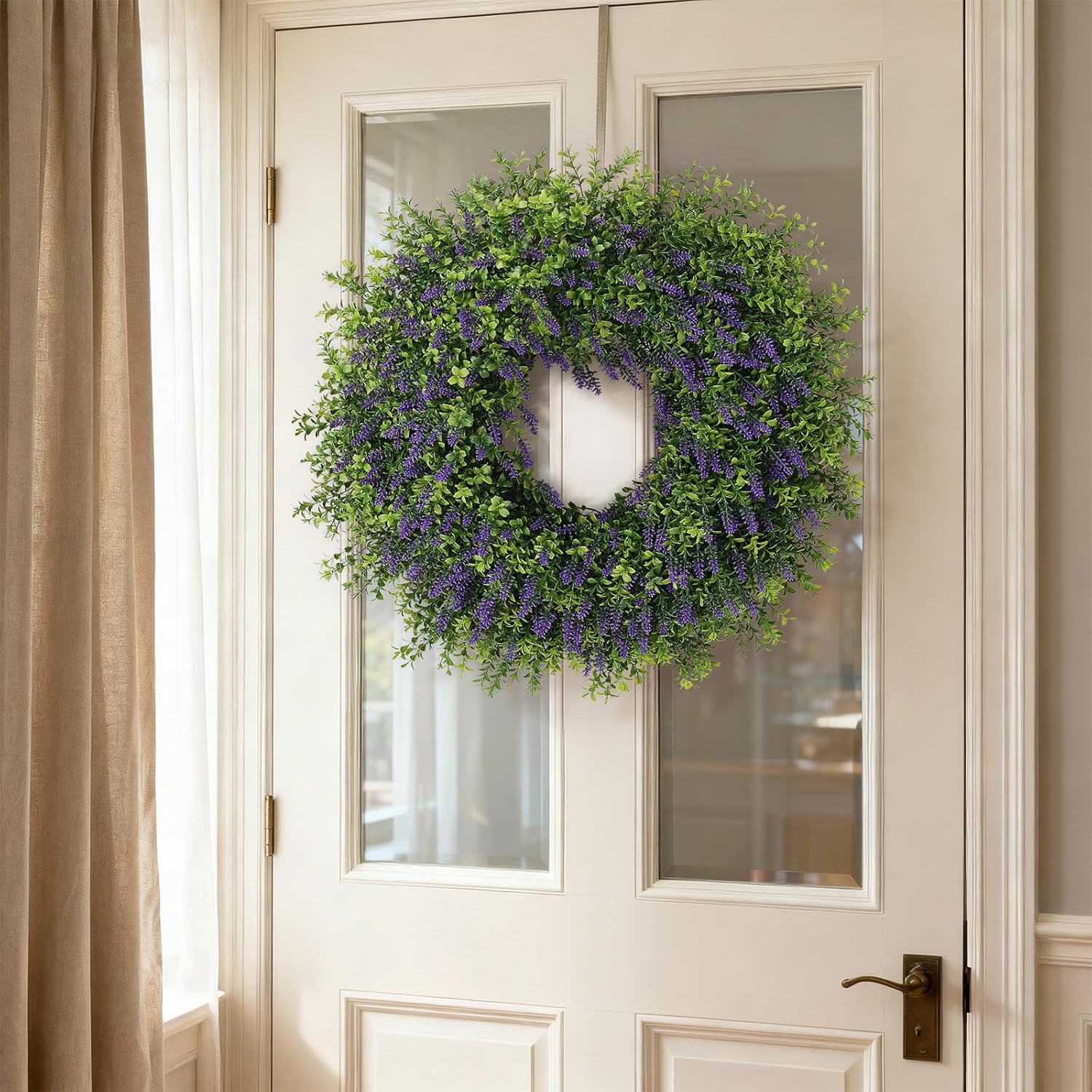 26" Artificial Lavender & Boxwood Wreath for Front Door - Large Faux Purple Greenery Outdoor