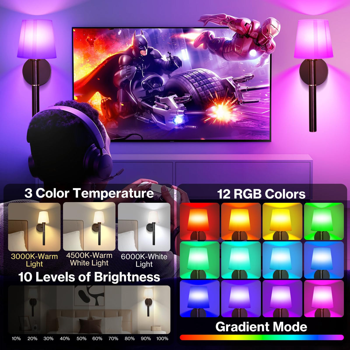 Battery Operated Wall Sconce Set of 2 5200mAh RGB Wireless - Bawoo Official Imagery - 5