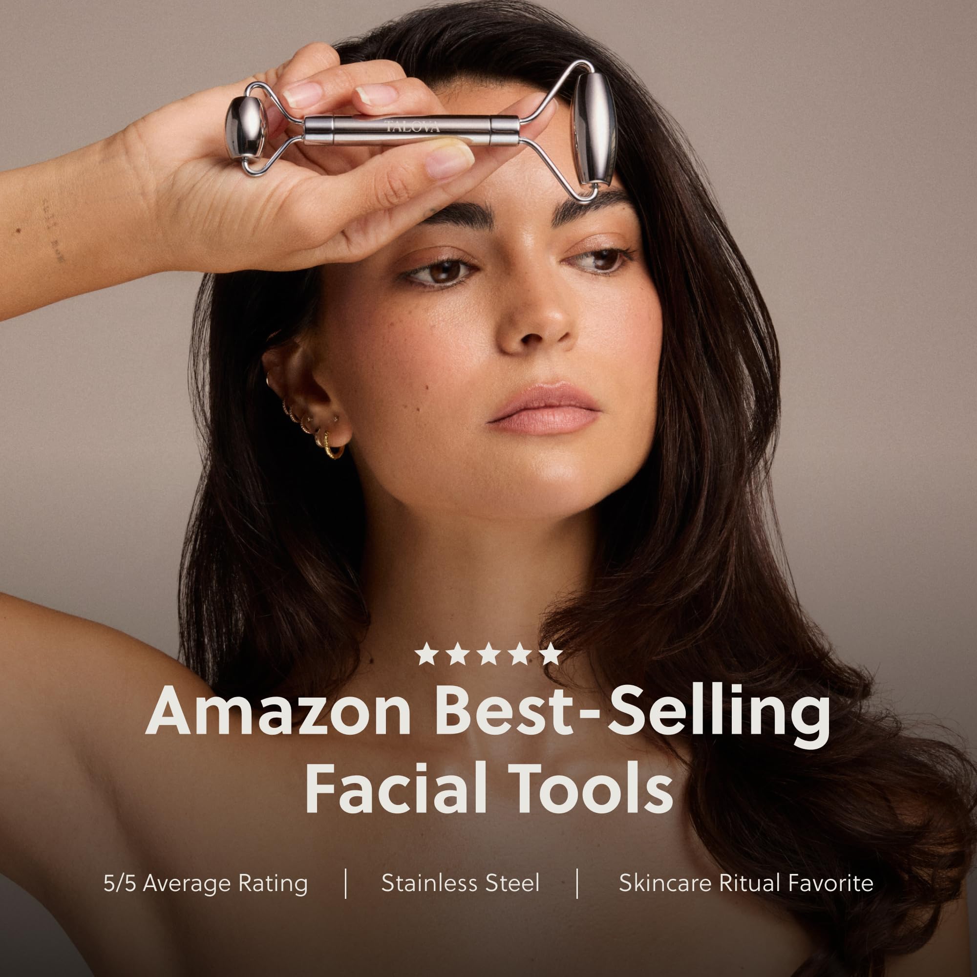 TALOVA stainless steel facial massage stick for depuffing and sculpting, with a sleek, smooth design for skincare benefits.