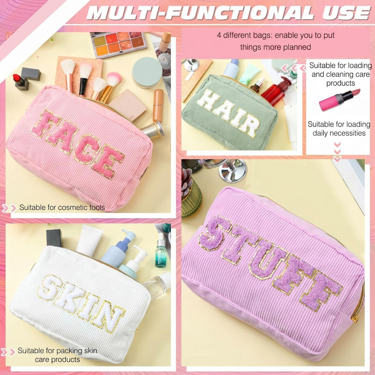 4 Preppy Chenille Letter Makeup Bags Purple Pink White Green - Pinkunn Official Imagery - 7