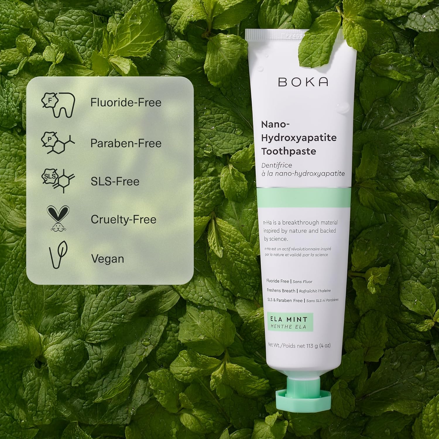 Boka fluoride-free toothpaste with nano hydroxyapatite for sensitive teeth, showing the toothpaste tube and packaging.