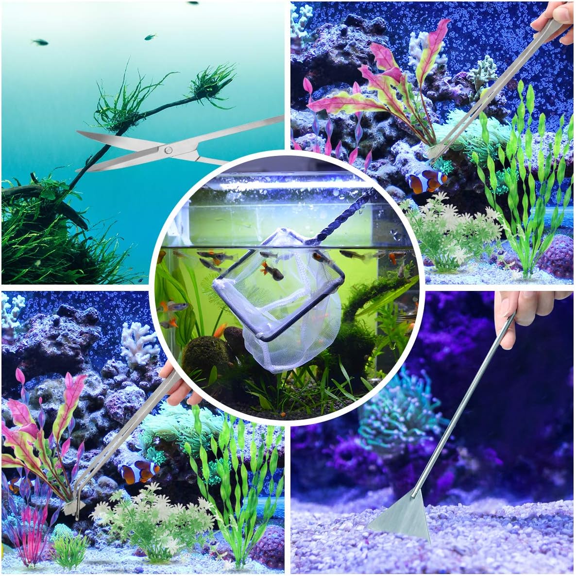 Liveek 8-in-1 stainless steel aquarium aquascaping tools kit for planting and maintenance in a freshwater or saltwater tank.