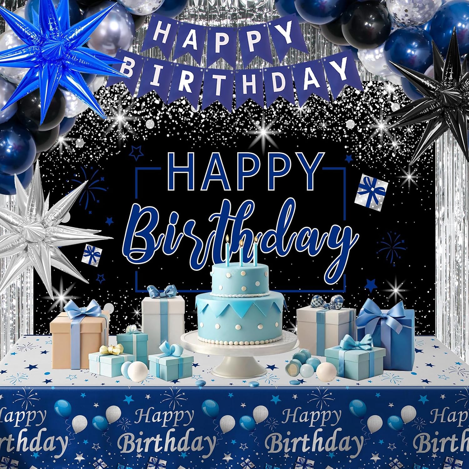 Blue and black birthday decorations for men and women, featuring "Happy Birthday" banners and festive party accessories by Puchod