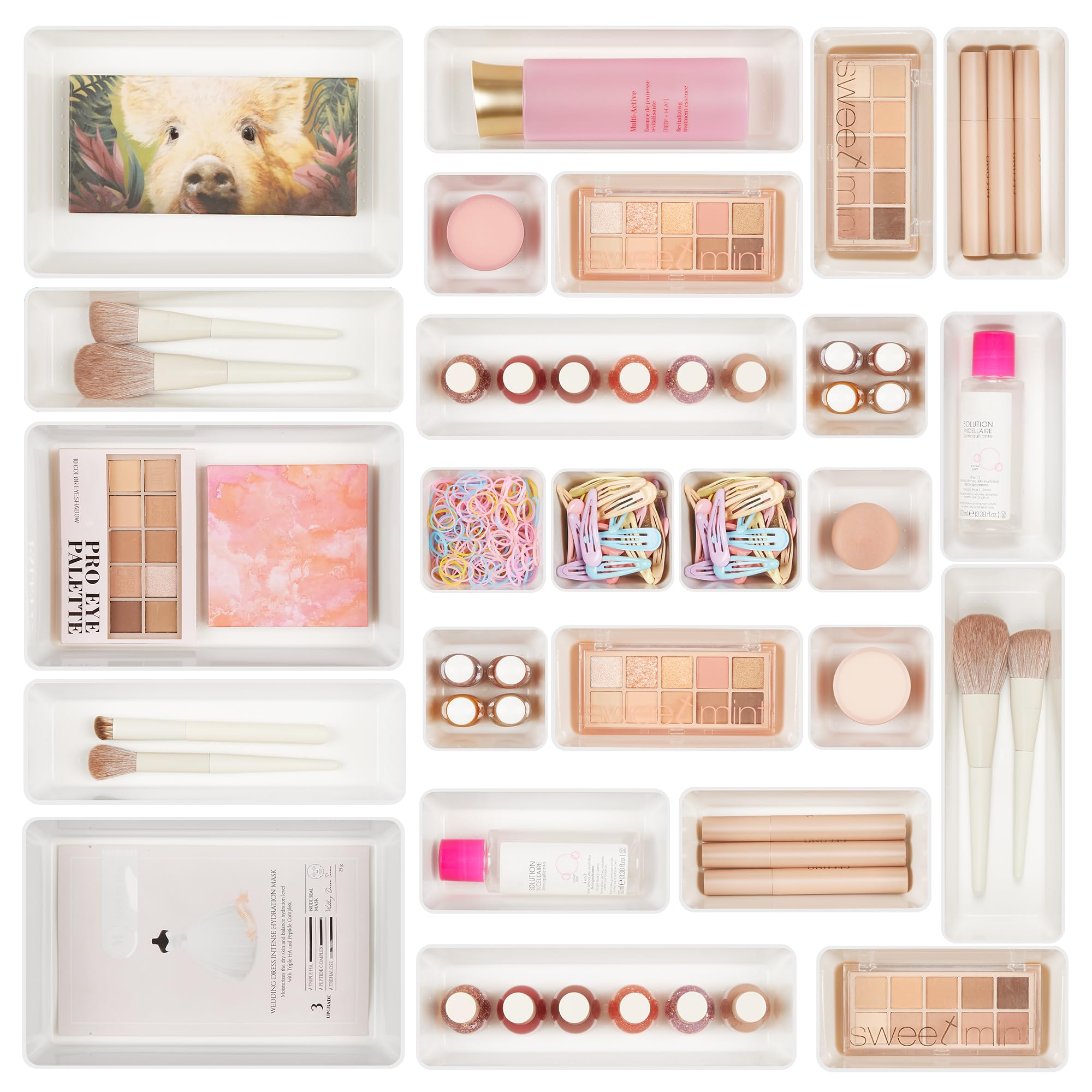 Vtopmart 25 PCS Clear Plastic Drawer Organizers Set, 4-Size Versatile Bathroom and Vanity Drawer Organizer Trays, Storage Bins for Makeup, Bedroom, Kitchen Gadgets Utensils and Office - Vtopmart Official Product View 10