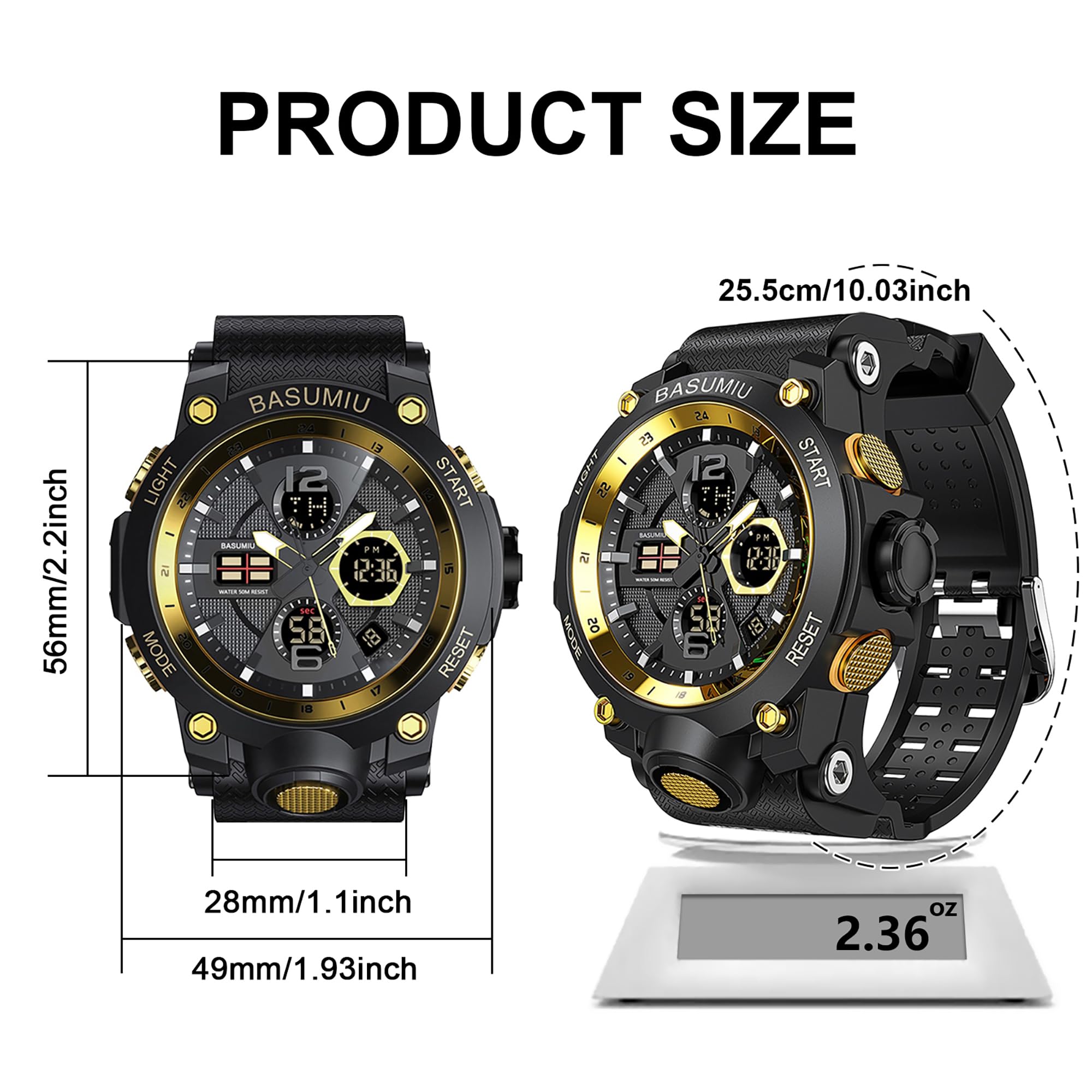 BASUMIU Men's Tactical Sports Watch – Dual Display, Waterproof