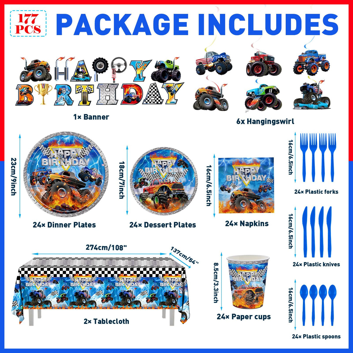 177pcs Monster Truck Birthday Decorations Plates Napkins - JVORFDG Official Imagery - 3