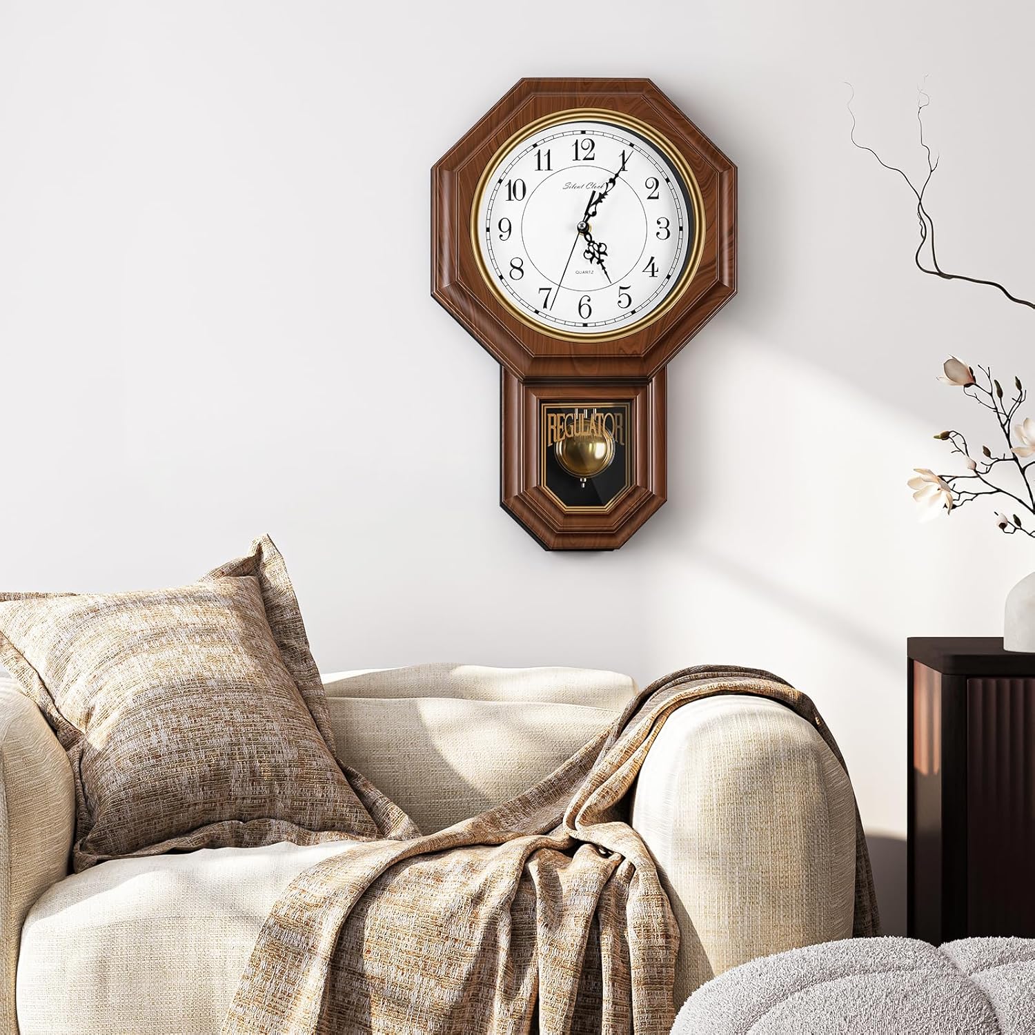 Battery-operated pendulum wall clock by KANEODOT featuring an imitation wood plastic regulator design with a classic round face.