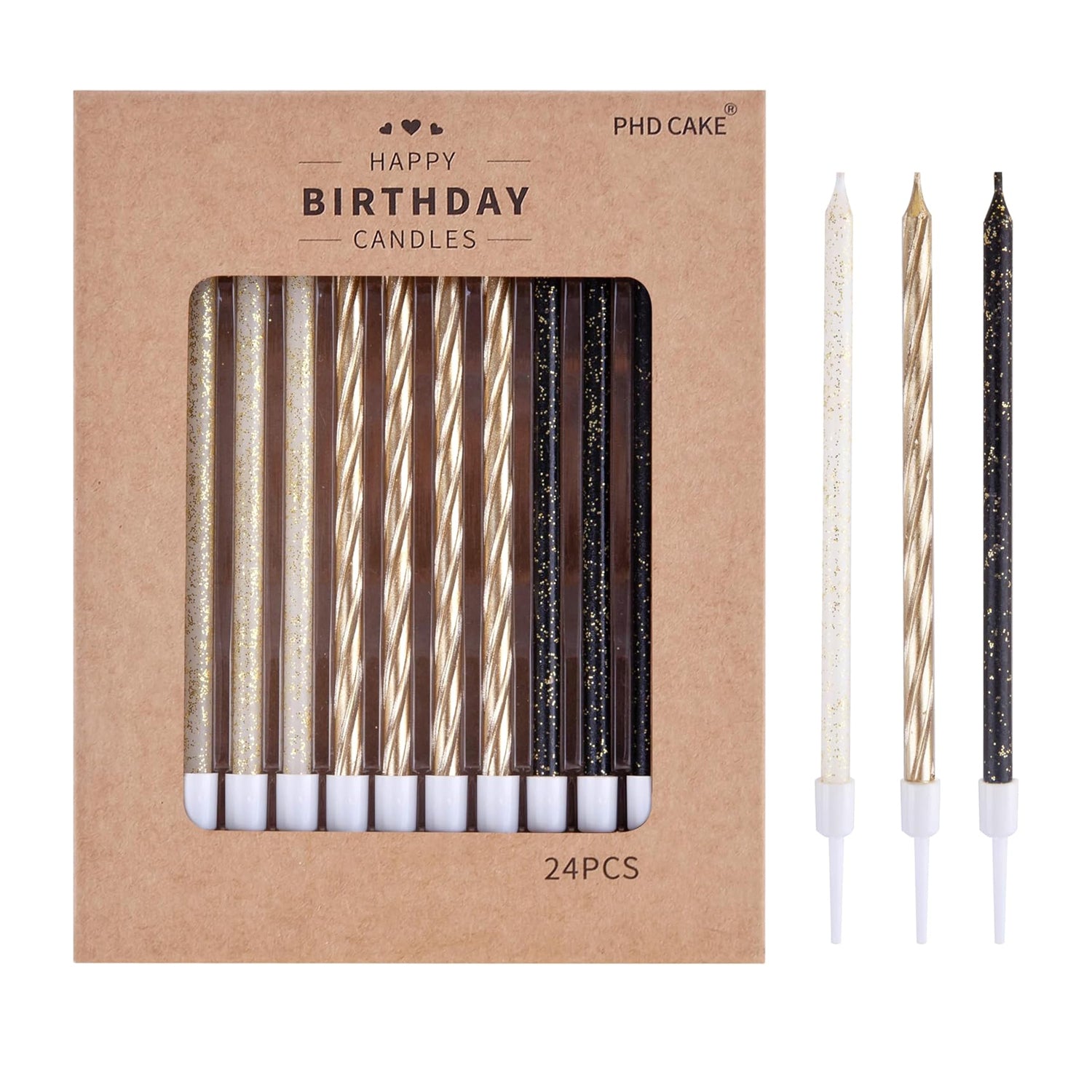 PHD CAKE Gold, Black, White Long Thin Birthday Candles, Cake Candles