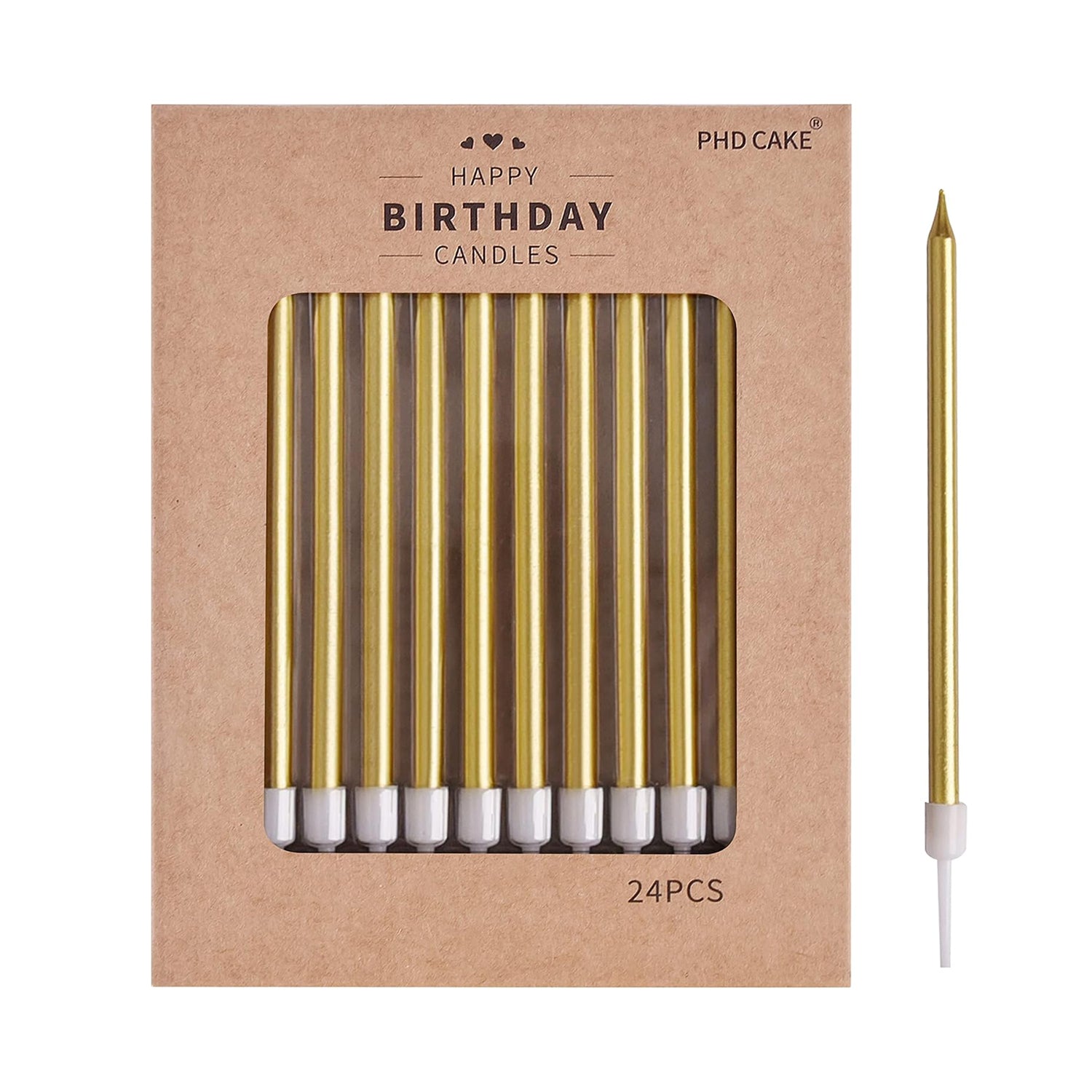 PHD CAKE Gold Long Thin Metallic Birthday Candles, Cake Candles