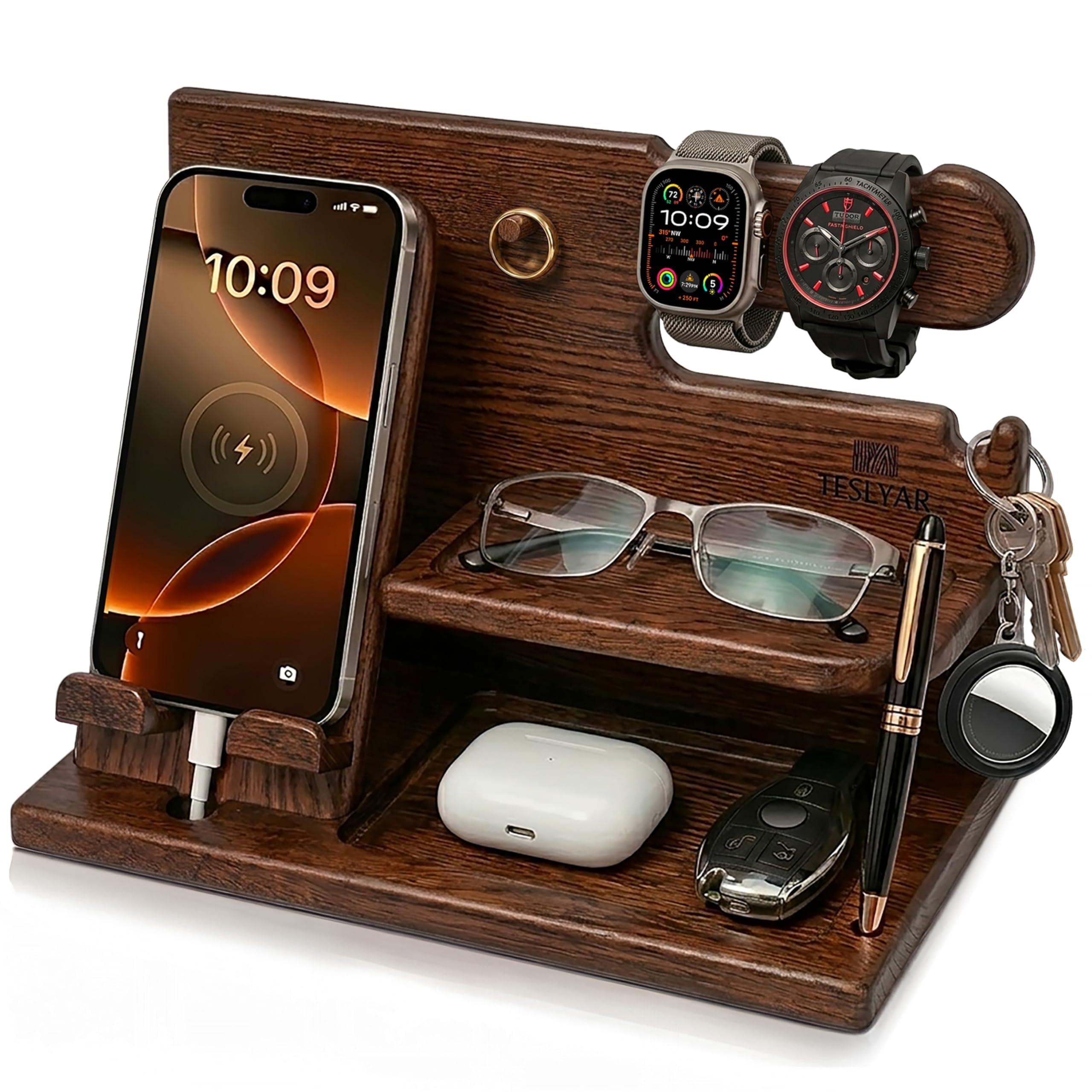 TESLYAR Wood Phone Docking Station for Men - Desk or Nightstand Organizer - Birt - TESLYAR Official Product View 1
