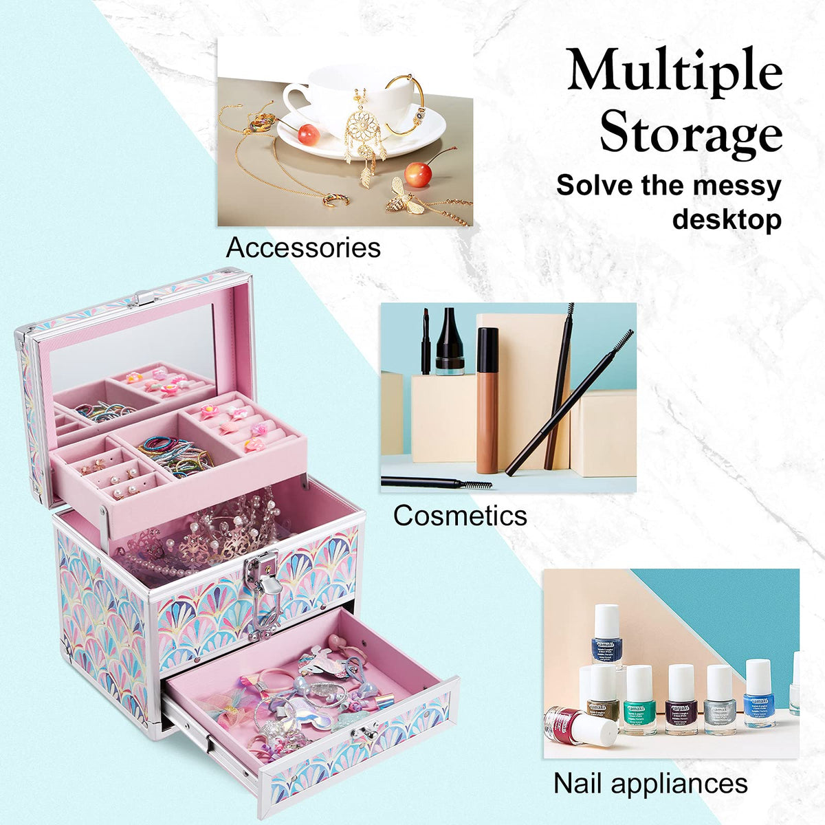 Girls Jewelry Box Organizer with Drawer Mirror Mermaid Tail - Hododou Official Imagery - 7