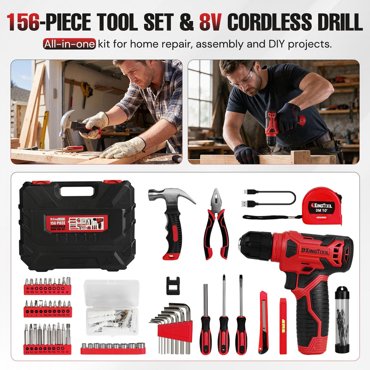 KingTool Tool Kit with 8V Cordless Drill 156 Piece Tool Set - KingTool Official Imagery - 3