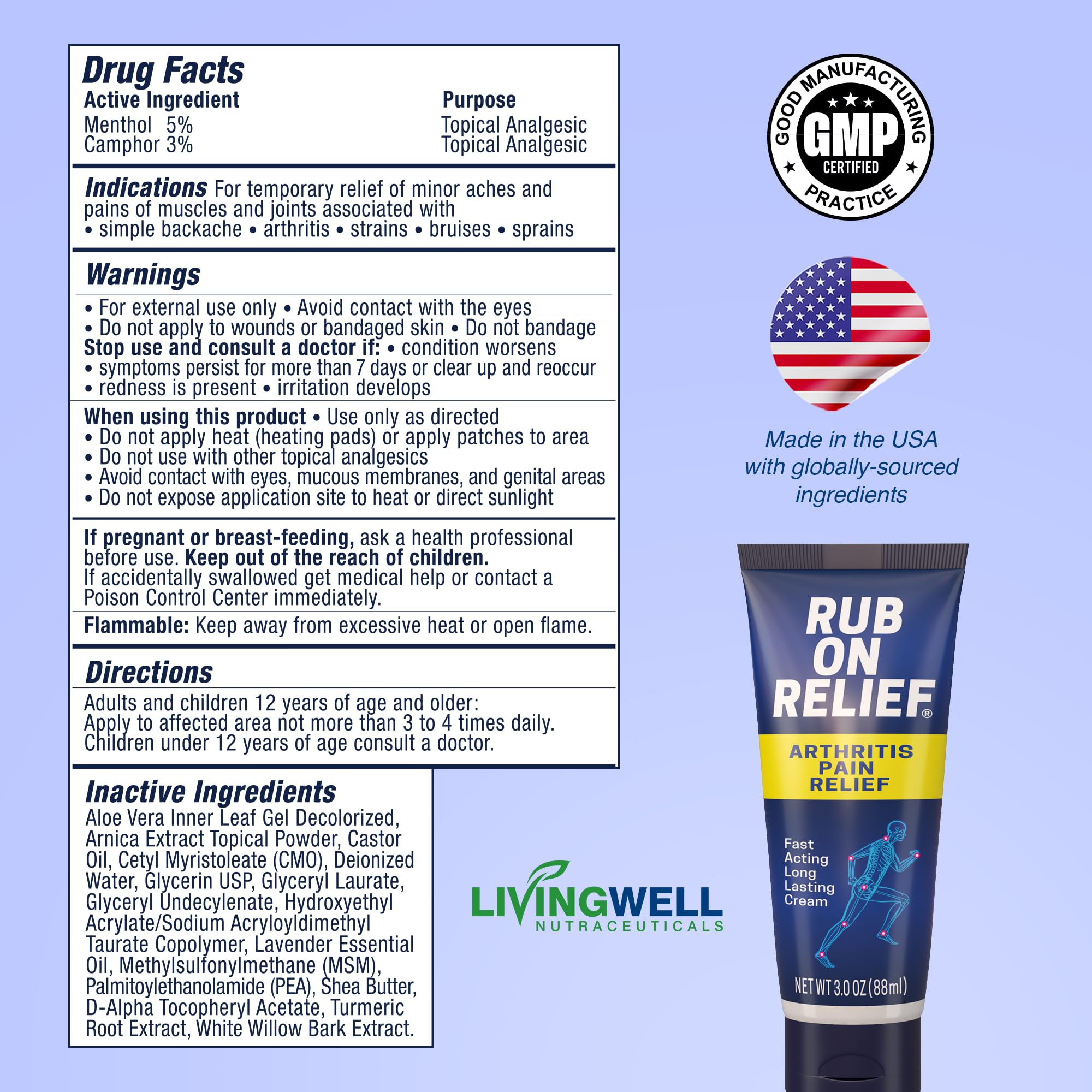 Rub On Relief arthritis pain relief cream 10-in-1 3oz jar, medication for joint and muscle pain, with a white and blue label.