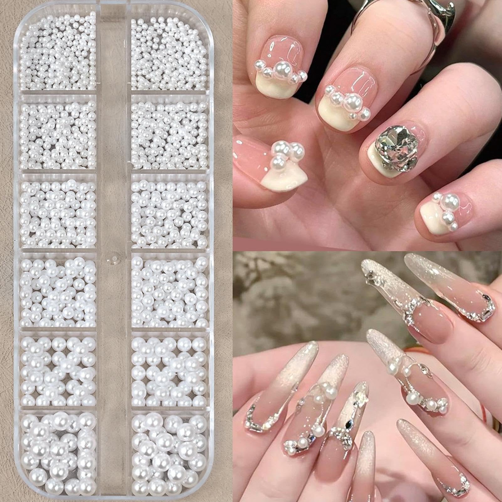 Glitter nail charms with pearl decorations for manicures, manicure embellishment supplies, tools for creative nail art.