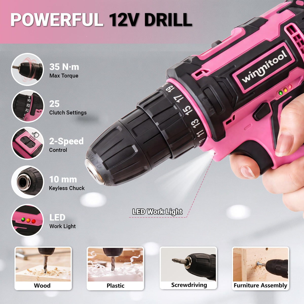 153 Piece Home Tool Set with 12V Pink Cordless Drill Hand - winmitool Official Imagery - 5