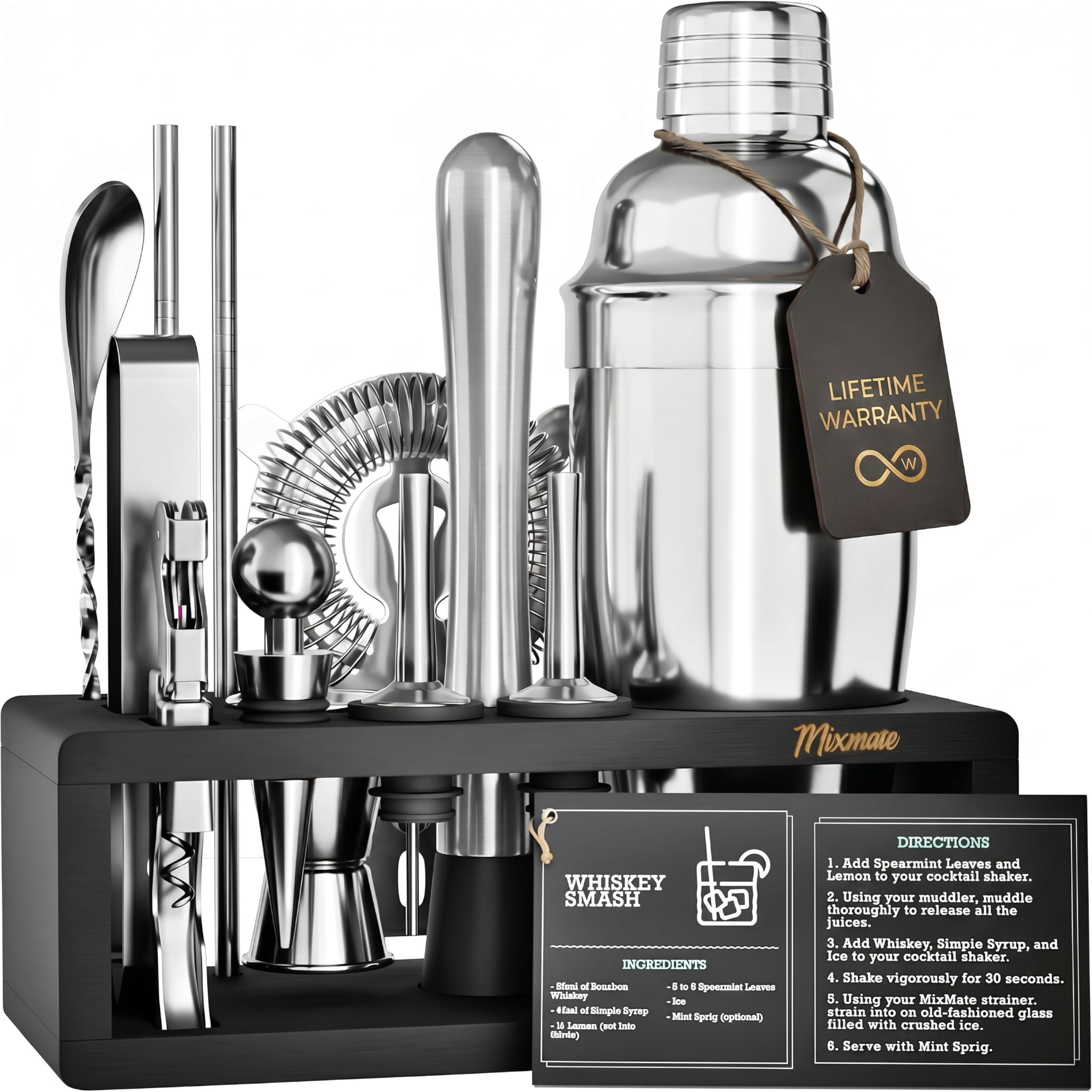 MixMate Mixology Bartender Kit with Stand - 15 Piece Bar Tool Set, Silver Bar Se - MixMate Official Product View 1