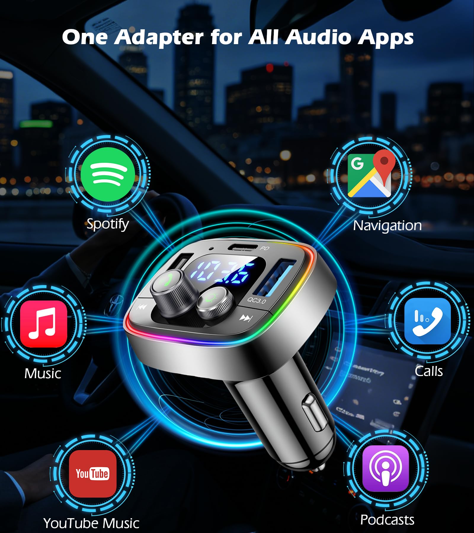 LIHAN Bluetooth Car Adapter 5.4, FM Transmitter, 48W PD/QC Charge by LIHAN - Angle View 4