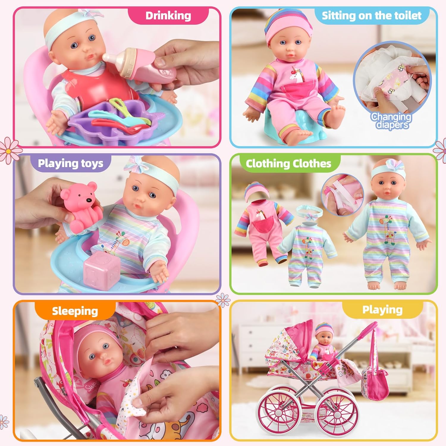 YIYBM baby doll stroller toys set with 12.5-inch doll, dining chair, quilt pillow, and 24-piece accessories on a white background.